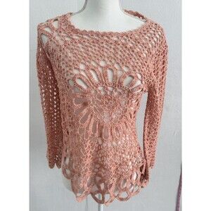 Tempo Paris Knit Orange Metallic Peach Pullover Open Crochet Sweater Large